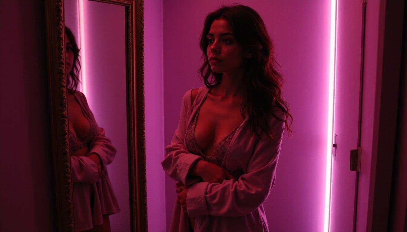 21-year-old woman in lingerie and open shirt posing by a full-length closet mirror in a dark luxury apartment with pink and violet lighting